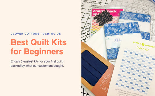 Clover Cottons Charm Pack Split quilt kit with charm packs, binding, and printed pattern
