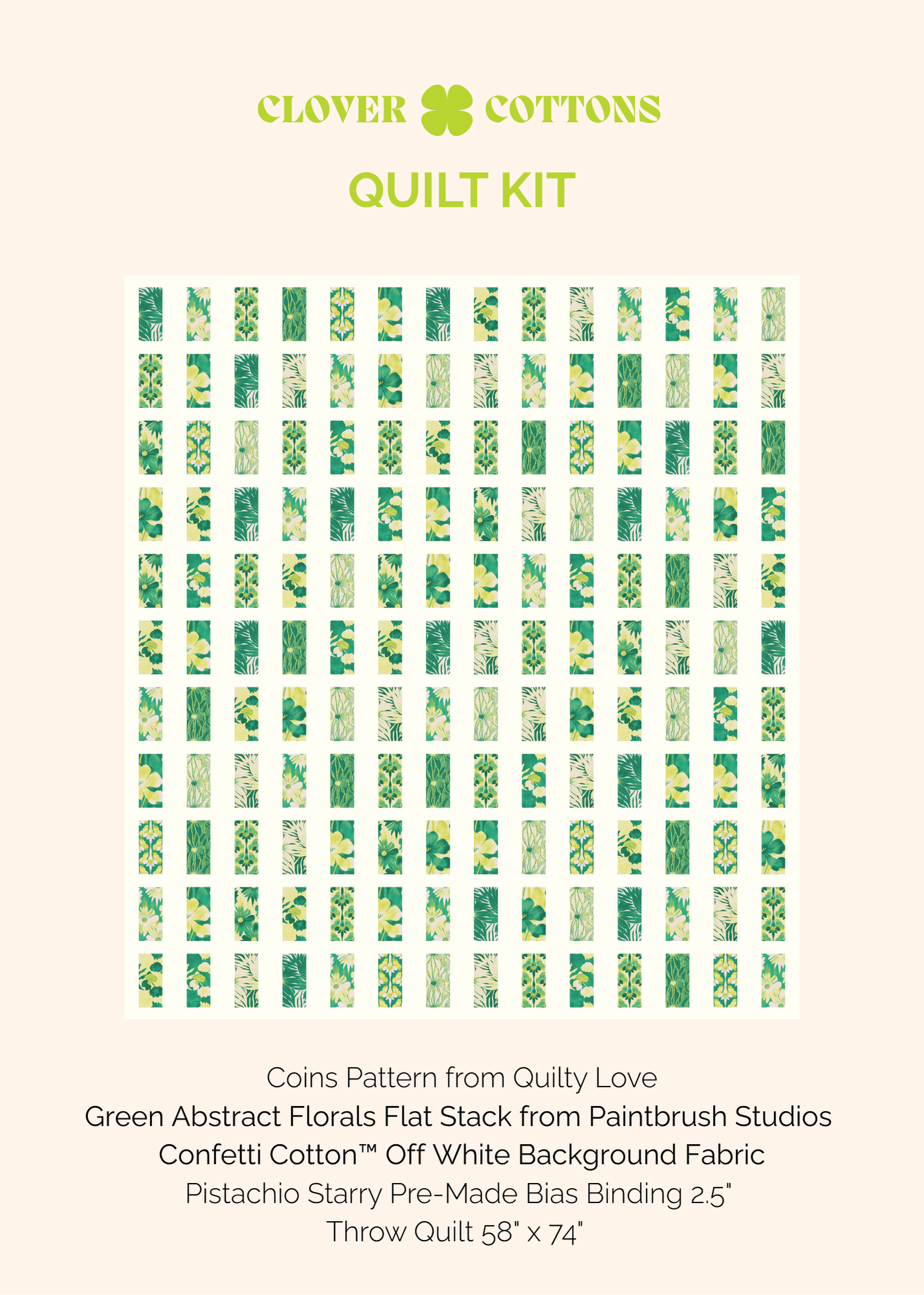 Coins Quilt Kit – Abstract Green Florals - Throw Size 58" × 74"