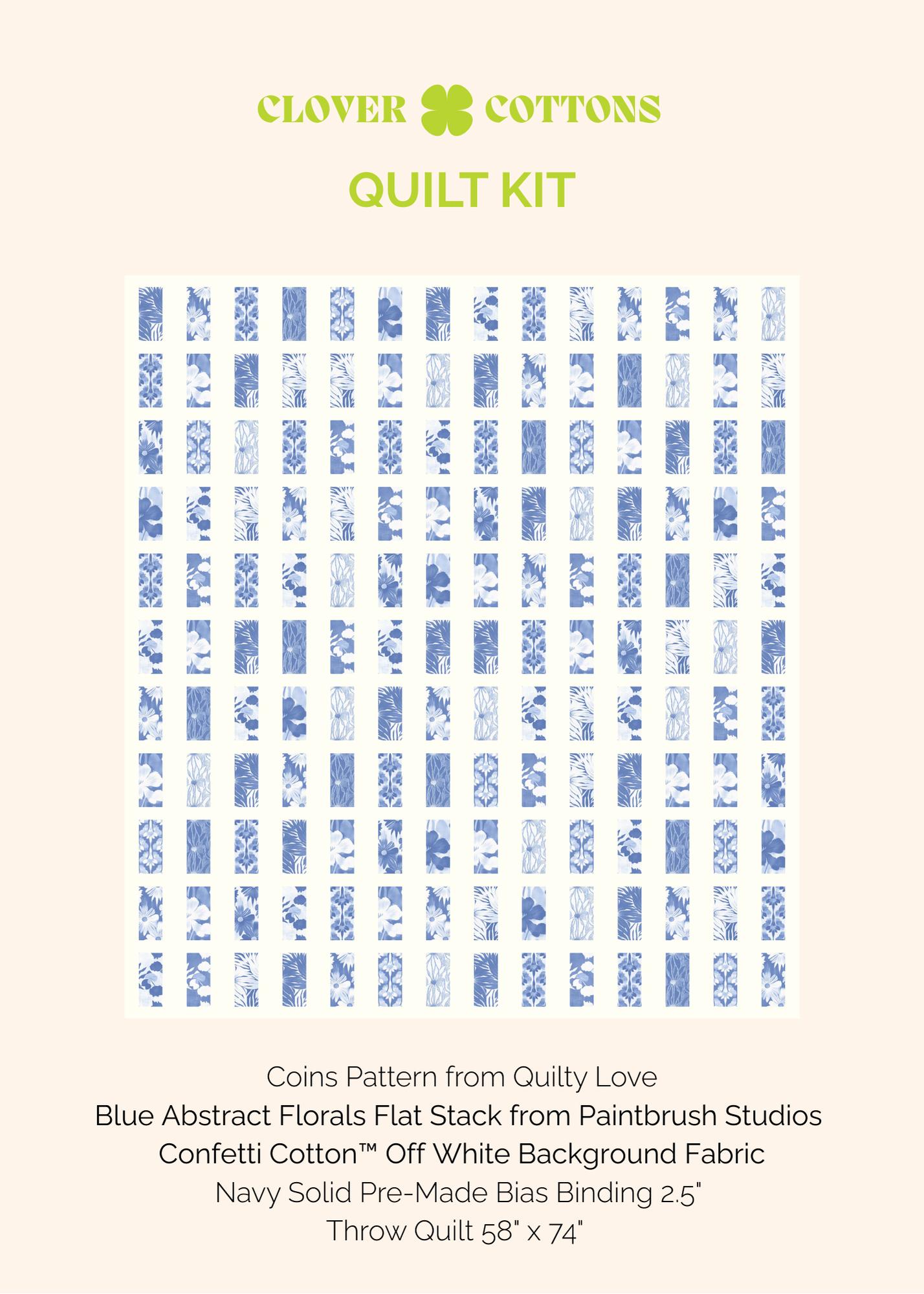 Coins Quilt Kit – Abstract Blue Florals - Throw Size 58" × 74"