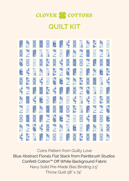 Coins Quilt Kit – Abstract Blue Florals - Throw Size 58" × 74"