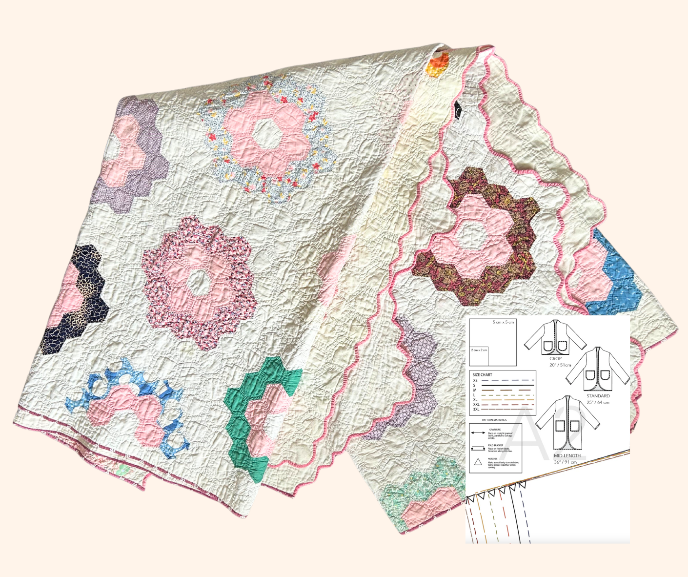 Quilt Jacket Kit - Mid-20th Century Pink Granny Flower Hand-Stitched - PRE ORDER