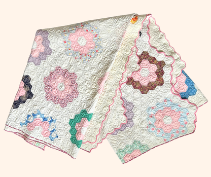 Made-to-Order Quilt Jacket - Mid-20th Century Pink Granny Flower Hand-Stitched