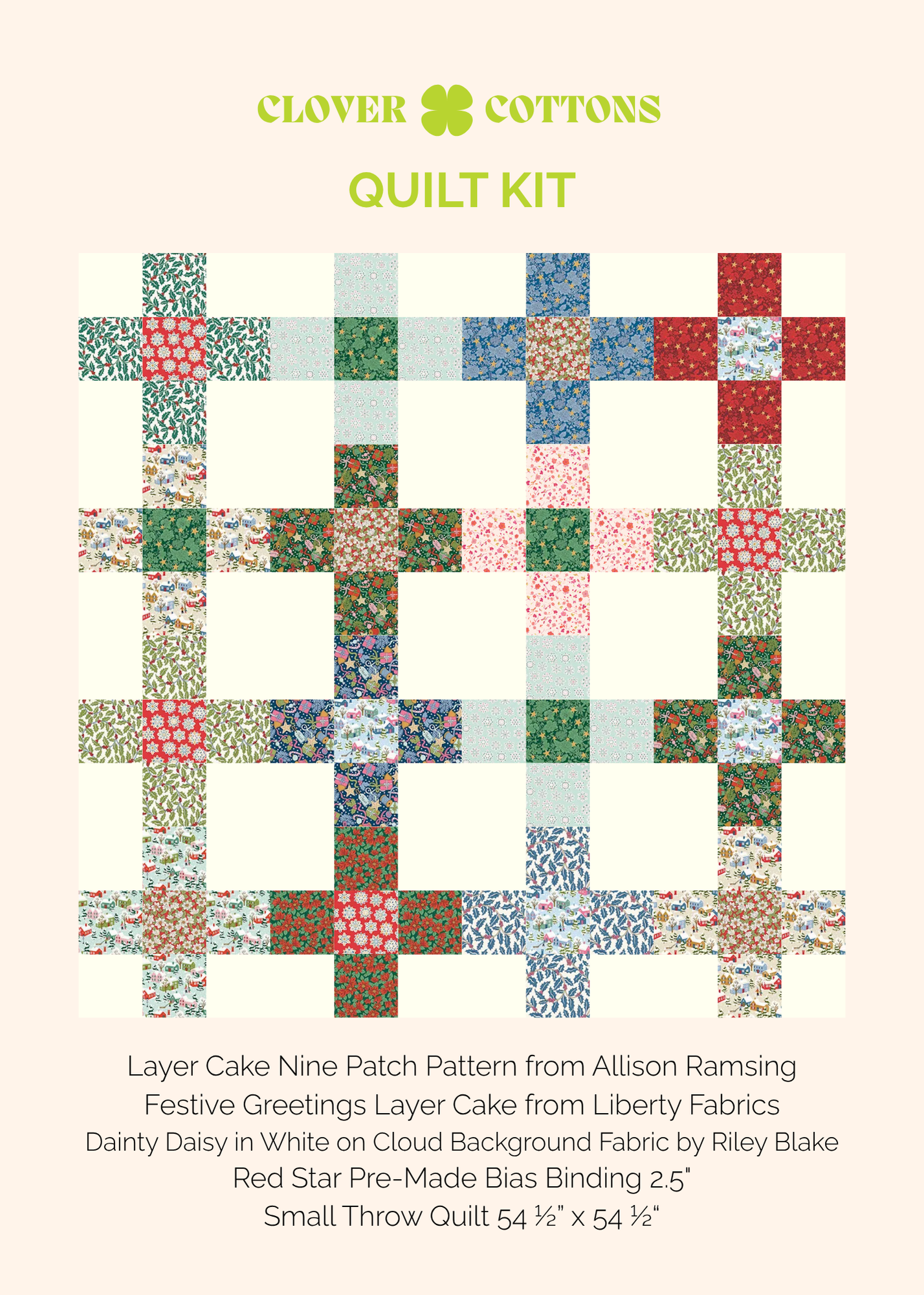 Layer Cake Nine Patch Quilt Kit – Festive Greetings by Liberty Fabrics (Small Throw 54 ½” × 54 ½”)